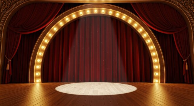 A vintage theater stage with red curtains, wooden floor, and a glowing circular arch of lights ready for a performance.