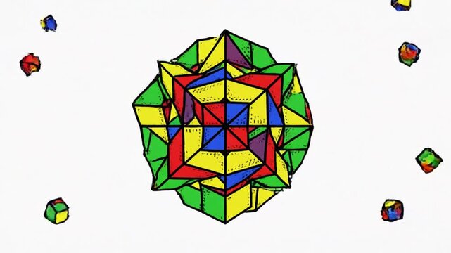 Abstract Geometric Animation Featuring Colorful Cubes with a Hand-Drawn Cartoon Style on a White Background