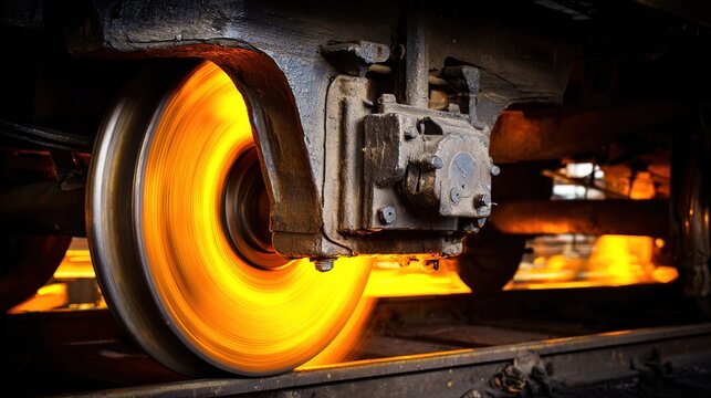 friction. Train wheel and brake mechanism with glow from friction, industrial setting. mobility guides, transit brochures, designed for mobility and urban transit guides.
