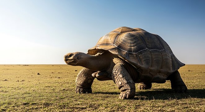 giant ancient tortoise walking through an open grassy landscape