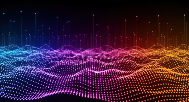 A vibrant digital landscape of colorful connected points and lines representing data waves or network signals in a futuristic, abstract style.