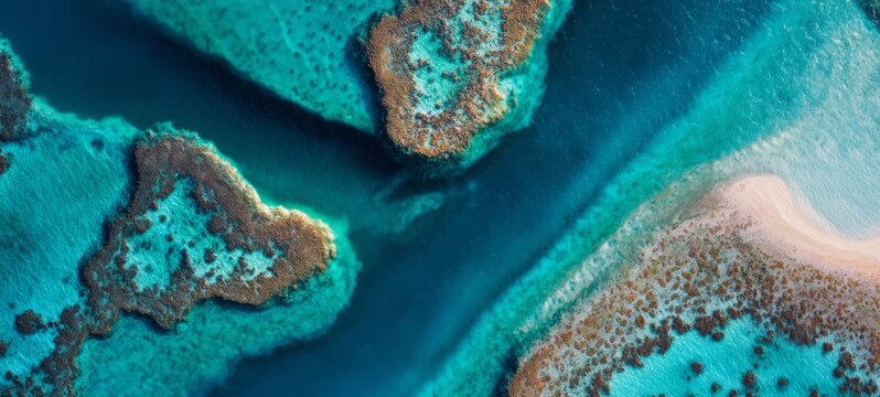 Aerial Top View of Tropical Islands and Coral Reef Patterns in Crystal Clear Turquoise Water, Abstract Organic Shapes, Bright Minimal High-Key Seascape with Luxury Travel Concept and Copy Space