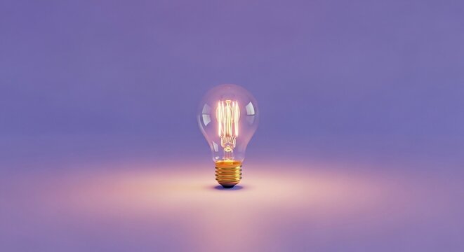 Illuminated Edison Light Bulb on a Soft Purple Background.