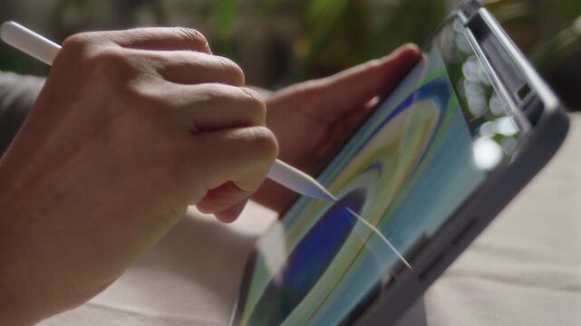Close-up, the artist draws a picture on the screen of a tablet while sitting at a table