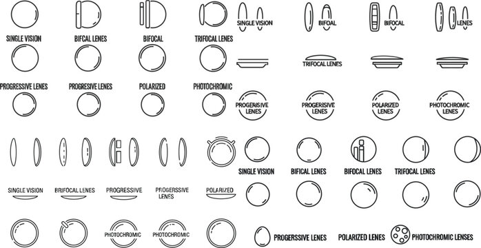 Eyeglass Lenses Icon Set Featuring Single Vision, Bifocal, Trifocal, Progressive, Polarized, and Photochromic Lenses for Optical and Eyewear Designs