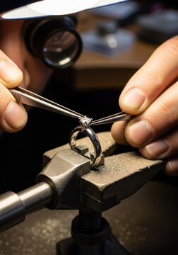 Jeweler inspecting diamond ring with tools close up view selective focus