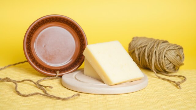 Cheese Wedge and Rustic Plate with Twine on Yellow Background