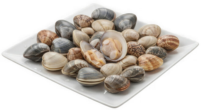 Fresh raw clams on a white plate isolated on transparent background
