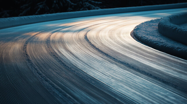 Curved icy road in winter landscape with motion blur effect