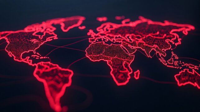 Conceptual 3D world map, thick glowing red lines representing global shipping congestion between Asia and Europe, translucent data callouts showing increased transit times and fuel costs.