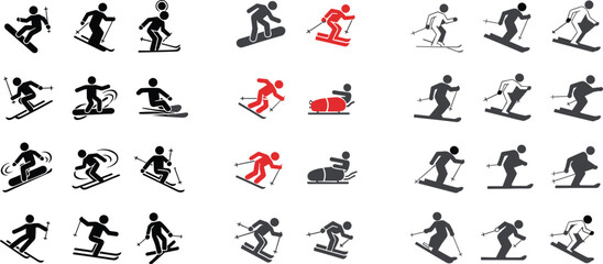 Fototapeta premium Skiing silhouette collection with various winter sport poses and actions, dynamic skier icons in black and red vector set