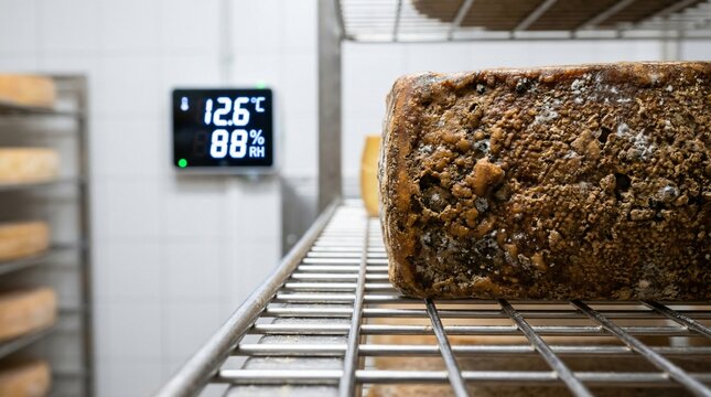 Aged cheese block with textured rind resting on a metal shelf beside a digital thermometer and hygrometer