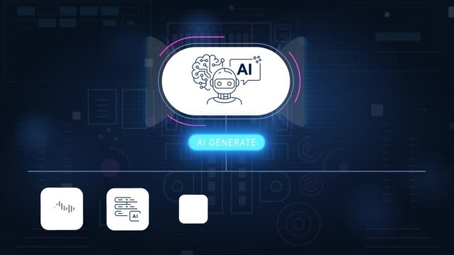 AI generate technology. Moving banner with AI agents and cloud computing, machine learning, and cybersecurity icons. Process automation. Graphic animated footage