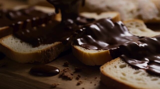 Shiny chocolate carvings dripped slowly, falling on the crispy textured pieces of bread on the warm table and slightly dusted with sweet crumbs.