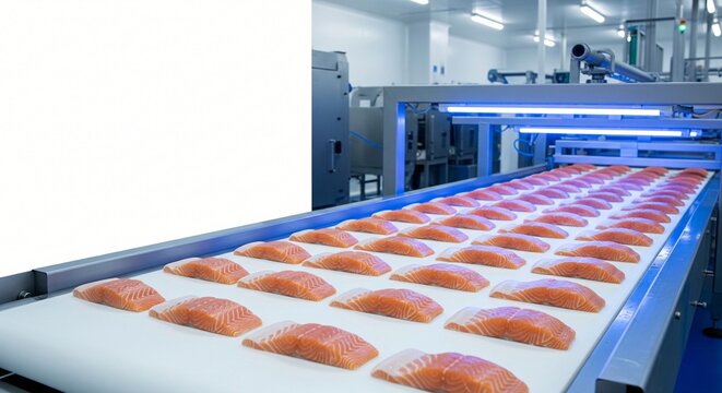 Rows of raw salmon fillets processed on a conveyor belt in a modern food factory