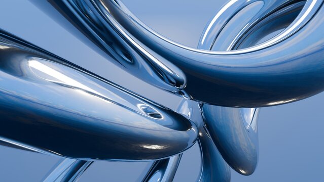 Fluid liquid blue metal shapes and spheres abstract background. 3d illustration