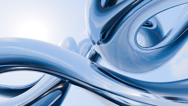 Fluid liquid blue metal shapes and spheres abstract background. 3d illustration