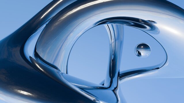 Fluid liquid blue metal shapes and spheres abstract background. 3d illustration