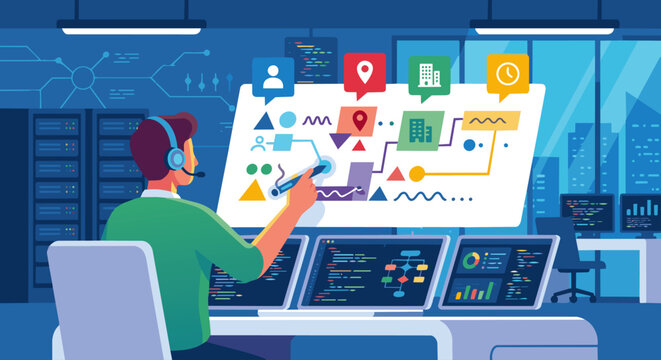 A 2D flat vector graphic of an NLP Engineer using a digital stylus to highlight blocks within a floating paragraph of abstract shapes and lines. 