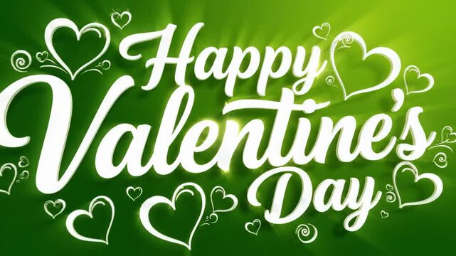 Happy Valentine's Day greeting text with glowing hearts on a vibrant green background.