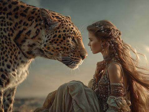 Woman and leopard sharing an intimate spiritual connection