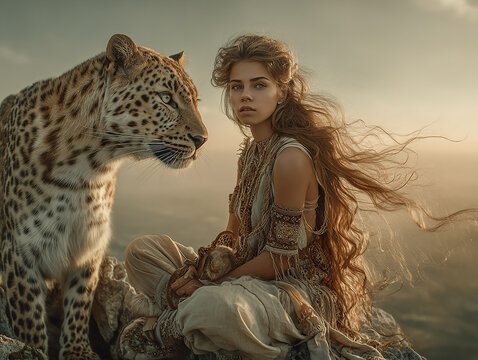 Woman with leopard companion sitting on rocks at sunset