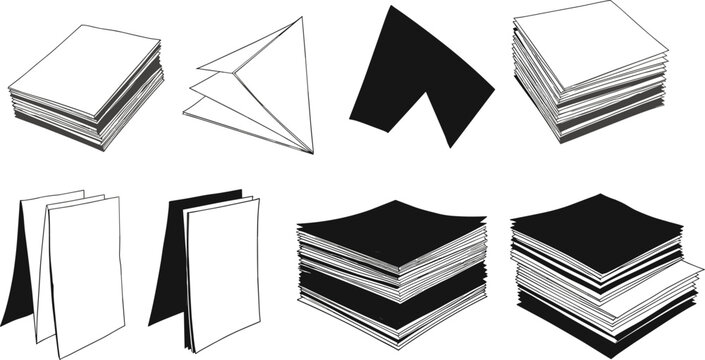 Paper stack and folded sheet collection with various document shapes, office stationery elements in black vector illustration set