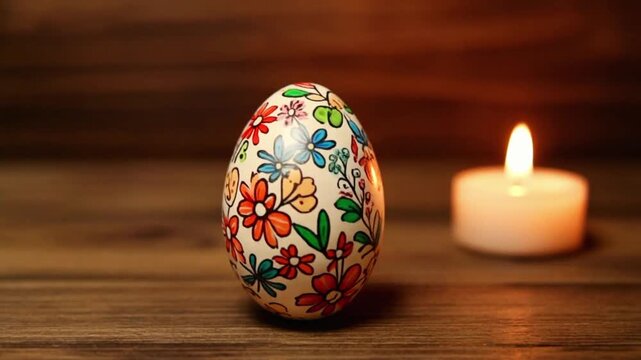 Beautifully painted Easter egg with floral patterns on a wooden table beside a softly glowing candle.