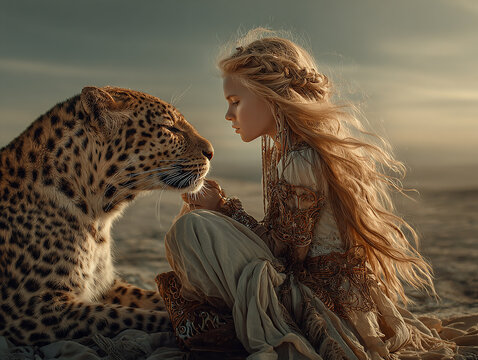 Girl bonding with leopard in a wild fantasy desert
