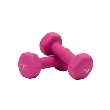 Two identical fuchsia pink 1kg dumbbells with matte neoprene coating and hexagonal ends on a transparent studio background minimalist home fitness concept