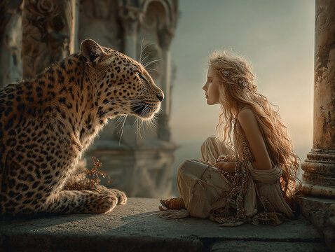 Leopard and girl forming spiritual connection in ancient ruins
