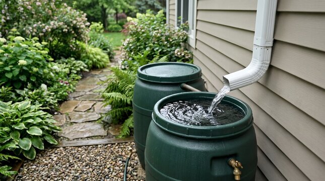 Green rain barrels collecting water from a white downspout in a lush backyard garden setting, representing sustainable water management and illustrating eco-friendly irrigation solutions