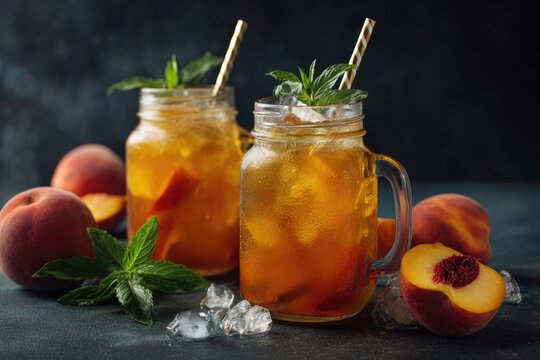 Refreshing Peach Iced Tea in Mason Jars with Fresh Peaches and Mint.