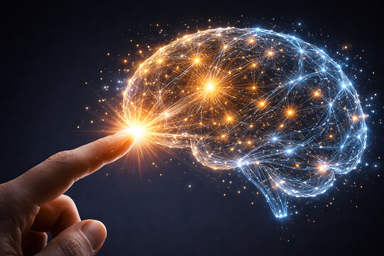 Digital Brain Synergy. A human finger touching a glowing digital brain representing neural networks, artificial intelligence, and cognitive technology on a dark background. Innovative tech.