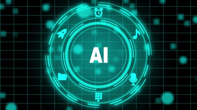 Futuristic AI visualization with business workflow and connected interface.