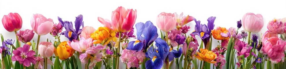 Obraz premium Vibrant Spring Garden Panorama with Tulips and Irises in Full Bloom.