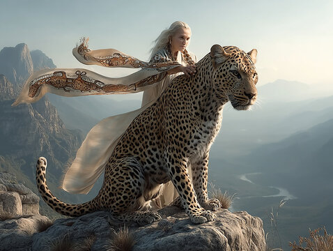 Fantasy woman bonding with giant leopard on mountain peak