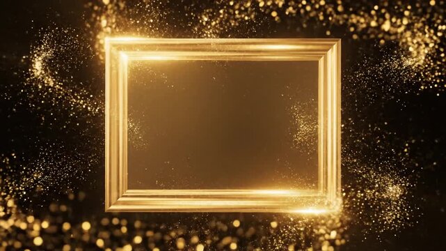 Luxurious golden rectangular frame centered on a dark background featuring swirling metallic glitter particles, shimmering gold dust, and elegant glowing light effect animation.