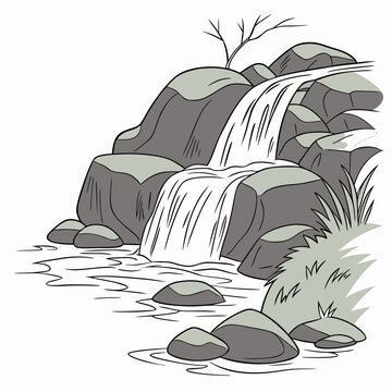 A stylized illustration depicts a small waterfall cascading over gray rocks into a flowing stream surrounded by sparse vegetation