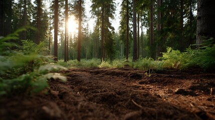 Fototapeta premium A sun drenched dirt trail winds through a lush densely forested clearing capturing the tranquil beauty of nature