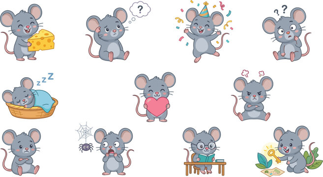 Flat vector illustration set of cute mouse character emojis with various expressions including happy sad angry and sleeping for mobile stickers and children design