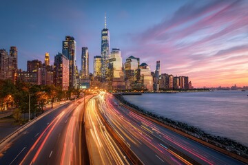 Fototapeta premium New York City Skyline at Dusk with Light Trails on Highway.