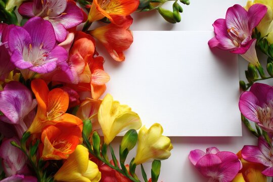 Vibrant Freesia Flowers Bordering Blank White Card for Messages.