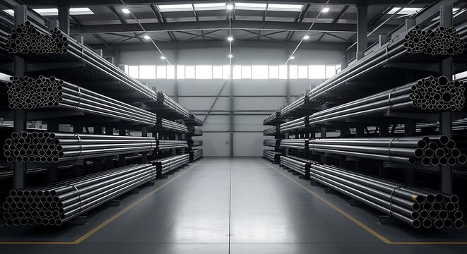 A view of the rows of metal pipes stacked neatly in a large industrial warehouse storage facility.  rury stalowe