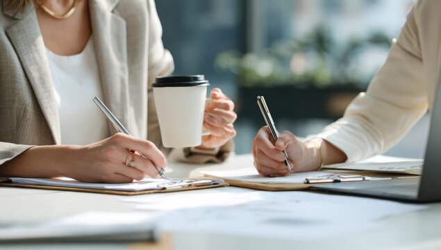 Two businesswomen collaborating on a project at a modern office desk with coffee.