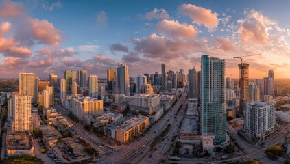 Obraz premium Panoramic Aerial View of a Modern City Skyline at Sunset with Dramatic Clouds.