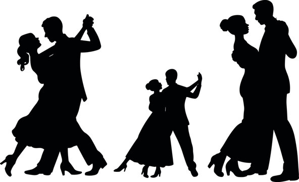 Elegant ballroom dancing couple silhouettes in romantic poses isolated on white background classic dance movement vector illustration set