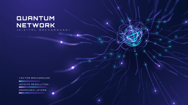 Abstract blue digital quantum network background. Futuristic technology system showing dynamic purple neon node connection.