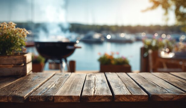Outdoor Barbecue Grill Scene by the Water with Wooden Table.
