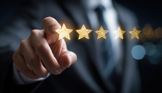 Customer Satisfaction Rating Five Star Experience Hand Touching Glowing Stars.